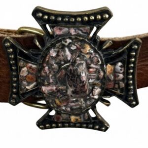LeatherRock Vintage Brown Leather Belt with Ornate Stone Gothic Cross Buckle 34